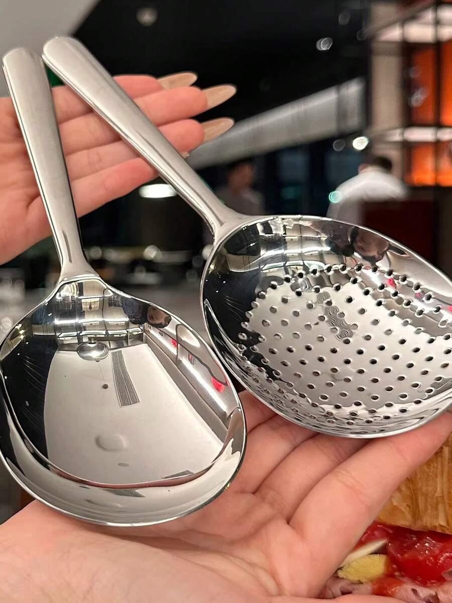 1 pieza Cuchara de servir grande de acero inoxidable, cucharón de sopa grande para el hogar, cuchara perforada redonda, adecuada para fiestas/bufés, apta para lavavajillas, accesorio de cocina, suministros para el hogar, vuelta al colegio - Multicolor - Ver 1