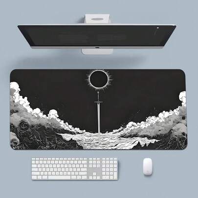1 pezzo Tappetino da scrivania con motivo manga della spada del samurai - Disegno in bianco e nero ad alta definizione dell'eclissi, tappetino per mouse e tastiera in diatomite antiscivolo e lavabile, adatto per PC, ufficio, computer - Regalo multifunzionale per gamer adulti, tappetino da scrivania | Decorazione in bianco e nero | Accessori da scrivania con superficie antiscivolo