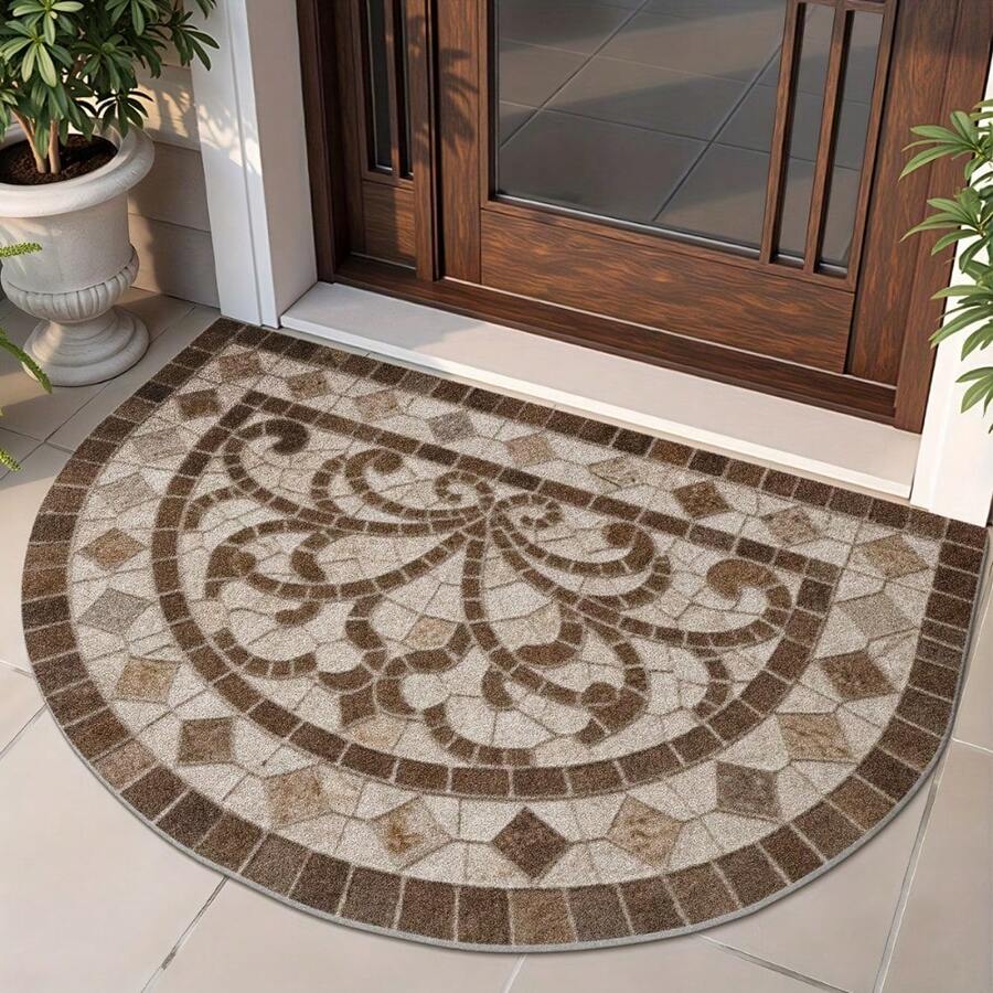 1pc DAJIANG Half-Circle Door Mat - Non-Slip Indoor/Outdoor Entry Mat, Beige/Brown/Gray/Black/White/, Durable Polyester Floor Mat For Front Door, Patio, Home Decor - Easy To Clean, Patio Mat, Floral Pattern, Sturdy Construction, Decorative Mat - 1 cái - Xem 1