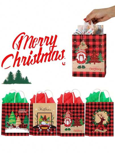 10 个带手柄的圣诞礼品袋，批发圣诞夜糖果礼品纸袋，散装礼品包装，可重复使用的圣诞礼品袋，带有圣诞老人、圣诞树和驯鹿图案的牛皮纸袋，派对淋浴礼品袋，节日派对用品，适用于节日季节圣诞派对装饰。（红色格子设计）