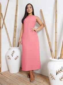 Women's Linen Midi Dress With Pockets, Plain, Wide Straps, Elegant - Coral Pink - View 1
