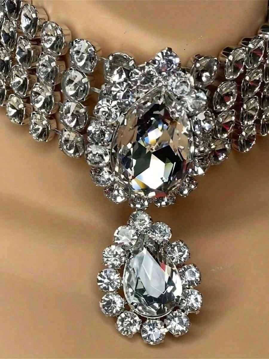 1 pieza Collar con colgante de gota de agua blanco sexy, joyería de moda con cristales brillantes de strass para eventos formales - Blanco - Ver 1