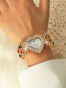 1 pieza Reloj de mujer con esfera de cristal con forma de corazón y estrellas, creativo y versátil para uso diario, fotografía, fiesta, regalo de cumpleaños, banquete, decoración festiva (color del cristal aleatorio)