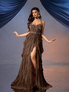 Đầm dạ hội lãng mạn QOQ, thích hợp cho đám cưới, tiệc cocktail, dạ hội từ thiện, v.v. Đầm lưới đính sequin hở lưng màu trơn, thích hợp cho tiệc mùa xuân. - Cà phê nâu - Xem 3