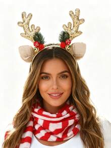 1pc Reindeer Antler Headband, Red Christmas Party Hair Accessory ,Hair Band ,Diadema ,Hair Hoop - Multicolor - View 3