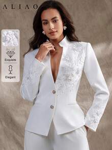 Aliao Court 风格 3D 立体花卉刺绣亮片腰线 V 领西装外套，简约风格，优雅日常穿着及商务休闲外套，适合秋季、万圣节、老钱风格，纽扣大衣，春季白色 - 白色 - 查看 1