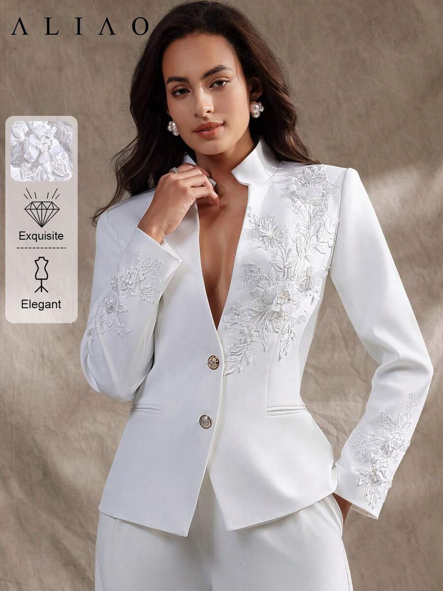 Aliao Court 风格 3D 立体花卉刺绣亮片腰线 V 领西装外套，简约风格，优雅日常穿着及商务休闲外套，适合秋季、万圣节、老钱风格，纽扣大衣，春季白色 - 白色 - 查看 1