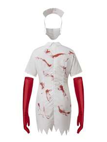 Nurse Zombie Costume For Women Halloween Scary Cosplay Clothes Short Sleeve Dress With Gloves And Facewear - White - View 2