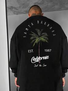 男士圆领长袖棕榈树字母印花加州风时尚宽松舒适卫衣，秋季款