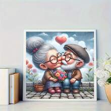 卡通老年夫妇钻石画套装 - 圆形全钻油画艺术套装 适用于卧室、客厅装饰、DIY 手工礼物 - 20x20cm、25x25cm、30x30cm - 彩色 - 查看 3