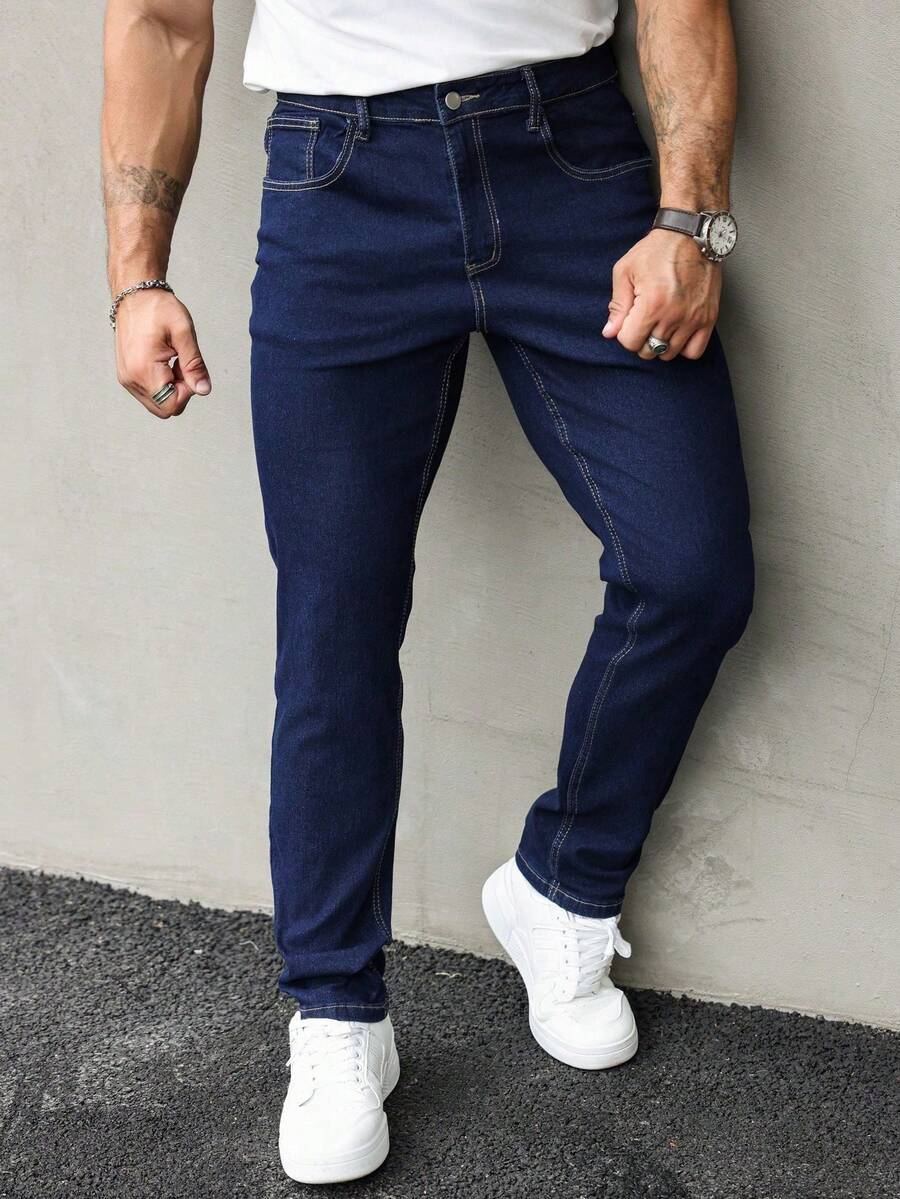 Men Stretchy Skinny Jeans, Korean Fashion Stylish & Versatile Casual Pants Straight - 藍色 - 查看 1