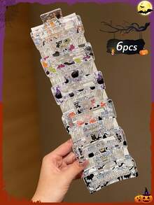 6pcs Women Halloween Pumpkin Head Ghost Print Square Hair Clip, Cute Non-Slip Thick Hair Clip, Suitable For Holiday Party Decoration, Performance Props, Day Of The Dead Party, Halloween Hair Accessories Elegant Claw Clip Winter Hair Clutch