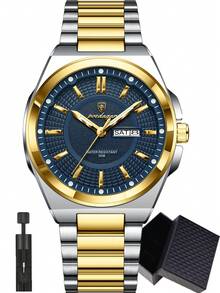 POEDAGAR 1 件男士不锈钢防水夜光石英表，经典休闲日期星期显示男士腕表，时尚男士腕表，适合日常场合，男士礼物 - 均碼 - 查看 18