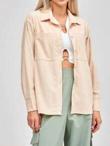 女式纽扣衬衫领长袖休闲衬衫 - 杏色 - 查看 10