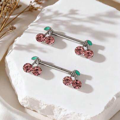 2 piezas de anillos de pezón de acero inoxidable con diseño de cereza, elegantes y lindos para mujeres