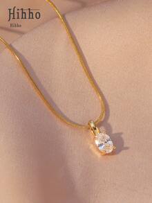Hihho 1 件简约欧式椭圆形锆石蛇骨链吊坠项链，优雅女士吊坠项链 - 金黃色 - 查看 7