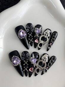 10-Piece Pressing Almond Long Nails, Fake Nails, Dark Punk Black Background Nail Art DIY Pattern Design Three-Dimensional Purple Love Diamond, Three-Dimensional Bow Ornament Silver Chain Black Nails Removable And Reusable Nail Supplies, Nail Powder, Nail Glitter Is Suitable For Girls And Ladies In Weddings, Stages, Dances, And Party Scenes,Gift Nail Tools