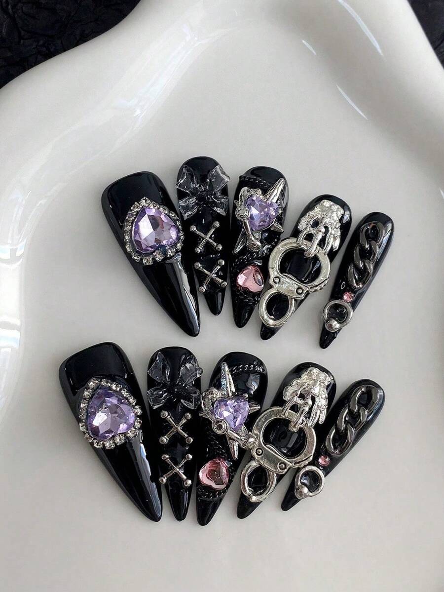10-Piece Pressing Almond Long Nails, Fake Nails, Dark Punk Black Background Nail Art DIY Pattern Design Three-Dimensional Purple Love Diamond, Three-Dimensional Bow Ornament Silver Chain Black Nails Removable And Reusable Nail Supplies, Nail Powder, Nail Glitter Is Suitable For Girls And Ladies In Weddings, Stages, Dances, And Party Scenes,Gift Nail Tools