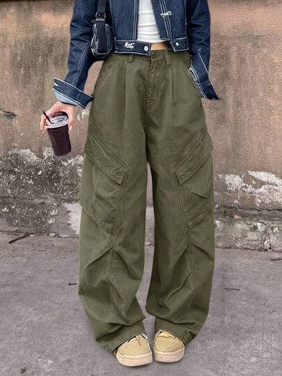 Y2K街头风多口袋弹力后腰简约舒适高品质阔腿工装裤日常休闲百搭户外纯色长裤返校时尚秋季女装