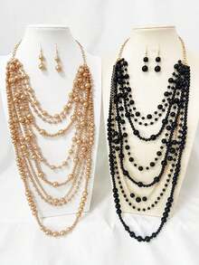 1 Set Women's Fashionable Exaggerated Pearl Decor Necklace, Long Body Chain, Earrings Suit, Elegant Accessories Necklace Round Bead European And American Pearl Necklace New Exaggerated Multi-Layer Collarbone Fashion Retro Versatile Temperament Sweater Jewelry - Pearl Long Necklace Set - View 10