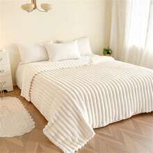 1pc White Soft Warm Fleece Blanket, Suitable For Bed, Office Nap, Air Conditioning, Bedsheet - Creamy White - View 3