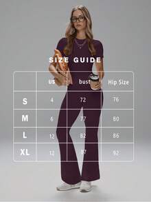 FWH "Bộ đồ hai mảnh mặc hàng ngày dành cho nữ: Kiểu dáng cơ bản, đa năng và kín đáo, phù hợp cho đi làm, công sở, tập thể dục và yoga. Đặc trưng bởi phong cách ngọt ngào, thanh lịch, ôm sát với chất liệu thun co giãn giúp thon gọn vòng eo. Áo cổ tròn tay ngắn kết hợp với quần thể thao cạp cao, ống loe nhẹ giúp kiểm soát vòng bụng và tạo hiệu ứng kéo dài chân." Mùa hè - Màu tím - Xem 2