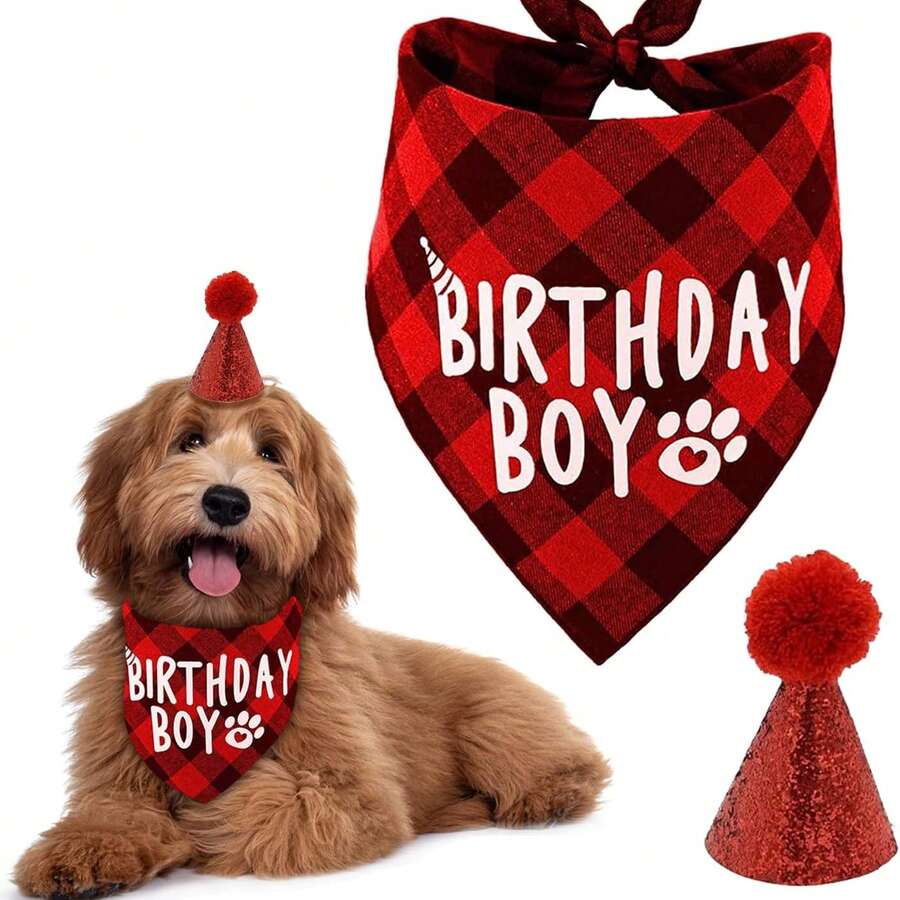 狗狗配饰狗狗生日围兜围巾，宠物生日派对用品三角形男孩狗狗围巾，搭配可爱狗狗生日帽，适合中小型犬和猫咪服装头饰 - 彩色 - 查看 1