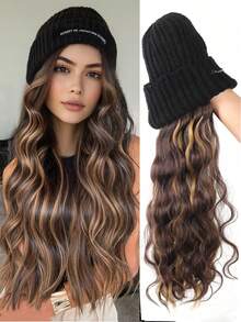 Beanie Hat With Long Wavy Curly Hair Extensions Black Knit Cap 22inch Synthetic Wig Hairpiece Warm Pom For Women Winter Ash Blonde - Multicolor - View 1
