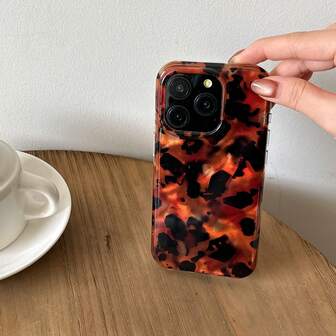 Rounded Half-Covered Retro Autumn/Winter Amber Leopard Print Tie Dye Red-Brown Phone Case Compatible With IPhone 16 Pro Max/15 Pro Max/14 Pro/13 Pro, Sexy Phone Case For Women And Men