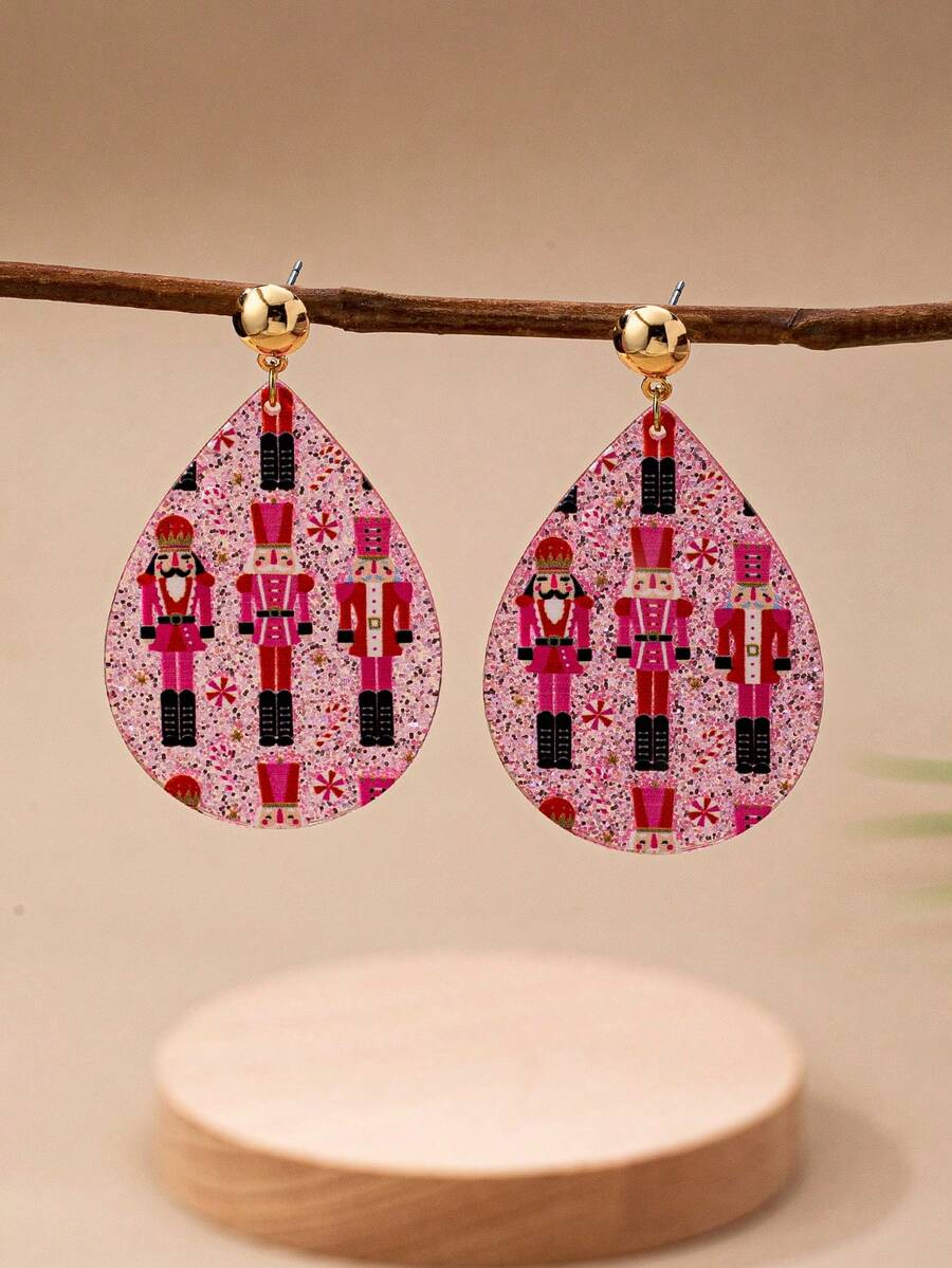 1 Pair Acrylic Pink Nutcracker Christmas Dangle Earring For Women, Glitter Xmas Earrings Jewelry, Holiday Festive Jewelry Gift For Her