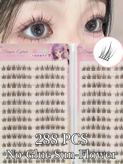288pcs/Pack Self-Adhesive Eyelash Extension - Sunflower Lashes, No Glue Needed For DIY, Save Makeup Time, 0.07mm Thickness, C-Curl, 6-12mm Length, Natural Style, Reusable And Easy For Beginners, Korean/Japanese Fairy Style, Sunflower Lashes, Cosplay, Anime Lashes, Natural Fluffy Eyelash Extension, Enhance Curling Effect, Ideal Gift For Girlfriend, Best For Holiday Gifts, DIY Lash Extension, Natural Lashes