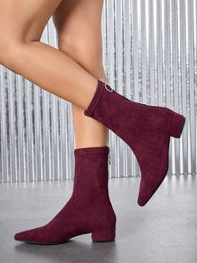Women's Pointed Toe Faux Suede Ankle Boots, Suitable For Commuting And Office Wear - Burgundy - View 4