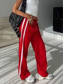 Vacation Outfits Women Red Side-Stripe Wide Leg Track Pants, Summer Casual Streetwear Pants - 紅色 - 查看 7