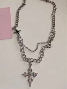 Gothic Y2K Pink Cross Heart Pendant Rope Chain Necklace For Women Fashion Hip Hop Rave Gift Jewelry Accessories - Pink - View 13