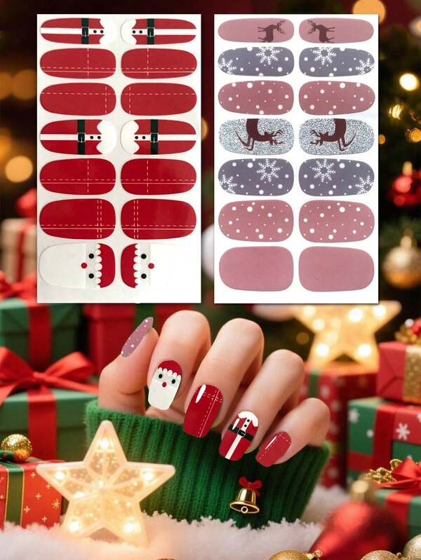 2pcs Christmas Nail Stickers & 1pc Nail File, Cute Girl Nail Art Stickers Full Nail Wraps Self-Adhesive Nail Decals DIY Nail Art Decorations