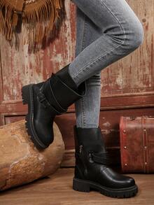 Damskie buty w stylu retro, jesień/zima, duże rozmiary, pasek z klamrą, okrągły nosek, zamek błyskawiczny z boku, gruba podeszwa, impreza