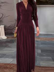 فستان أنيق للنساء بياقة على شكل حرف V وأكمام طويلة للخريف/الشتاء من القطيفة، بلون أحادي، قماش مُحبك أنيق مع حافة مكسرة، ثوب سهرة رسمي - الأحمر - مشاهدة 2