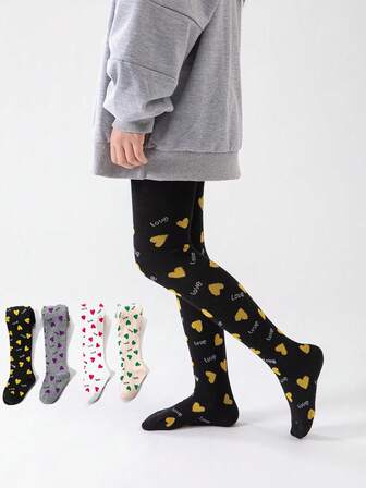 2pcs Kids/Girls' Tights With Christmas Color Heart & Love Letter Pattern, Suitable For 1-8 Years Old, Matching Skirts For School Girls