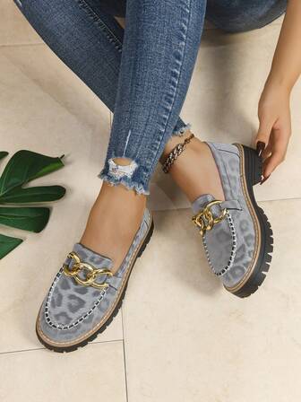 Women's Gray Leopard Print Loafers, Casual Versatile College Style Thick Sole -On Shoes With Chain Decor, Suitable For All Seasons