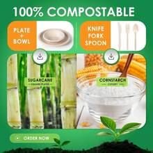 250PCS Disposable Paper Plates And Bowls Set With Long Utensils, Compostable Plates - Friendly Dinnerware Set Includes Plate, Bowls, Forks, Knives Spoons Party Camping - Màu be - Xem 3