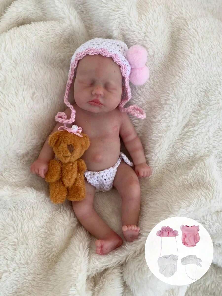 1个可爱迷你硅胶重生娃娃,逼真6英寸柔软掌心大小的新生女婴Loulou,手工涂绘,2种服装颜色可选,理想的节日/生日收藏礼物 - Reborn Doll - 查看 1