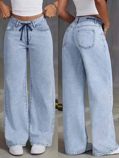 Halloween, Christmas, New Year, Thanksgiving Women's Wide Leg Jeans With Drawstring At Waist, Pocket, Lightly Washed Casual Pants, Non Stretch Fabric