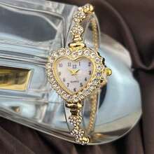 1pc Women's Heart-Shaped Rhinestone Dial Arabic Numeral Display Pull Tab Chain Fashion Convenient Quartz Watch - Gold - 查看 2
