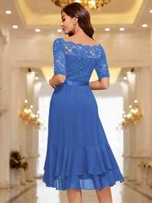 MIUSOL Đầm cocktail cổ thuyền phối ren hoa, viền bèo nhún, thích hợp cho tiệc cưới, mùa xuân. - Màu xanh lam - Xem 3