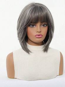 高品质12英寸灰色波波头短直发合成假发，带刘海，女士假发，适合节日、派对和日常佩戴 - 灰色 - 查看 4