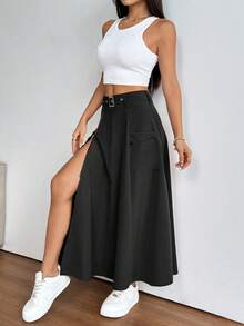 Falda larga casual con cremallera frontal y cintura elástica de unicolor negro para primavera - Negro - Ver 5