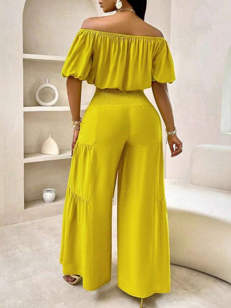 Set da donna casual, composto da top a manica corta tinta unita e pantaloni lunghi con coulisse in vita, outfit estivi per donna - Giallo - Visualizzare 2