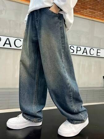 Older Teen Boy/Teens Boys' Relaxed Fit Straight Leg Washed Denim Jeans, Casual High Street Style, Spring/Autumn