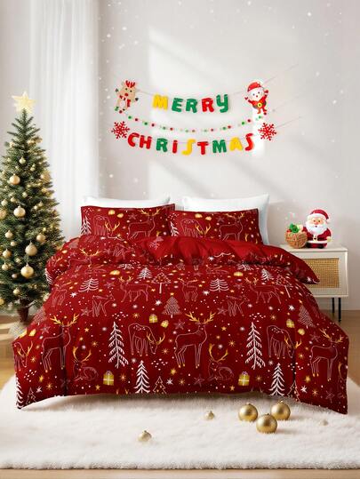 3pcs/Set Christmas Reindeer Christmas Tree Print Duvet Cover Set(1 Duvet Cover & 2 Pillowcase)Soft And Skin-Friendly Duvet Cover Bedding Set For Home, All Season Bed Sheets Set Christmas Gift