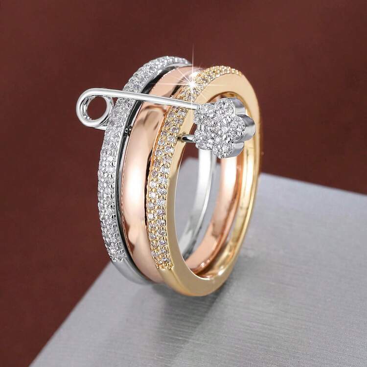 1 件创意三环设计方晶锆石装饰女士戒指 - 彩色 - 查看 41